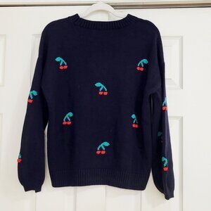 NWT Loft Oversized Navy Knit Sweater Cherry Print Size M / Medium L / Large